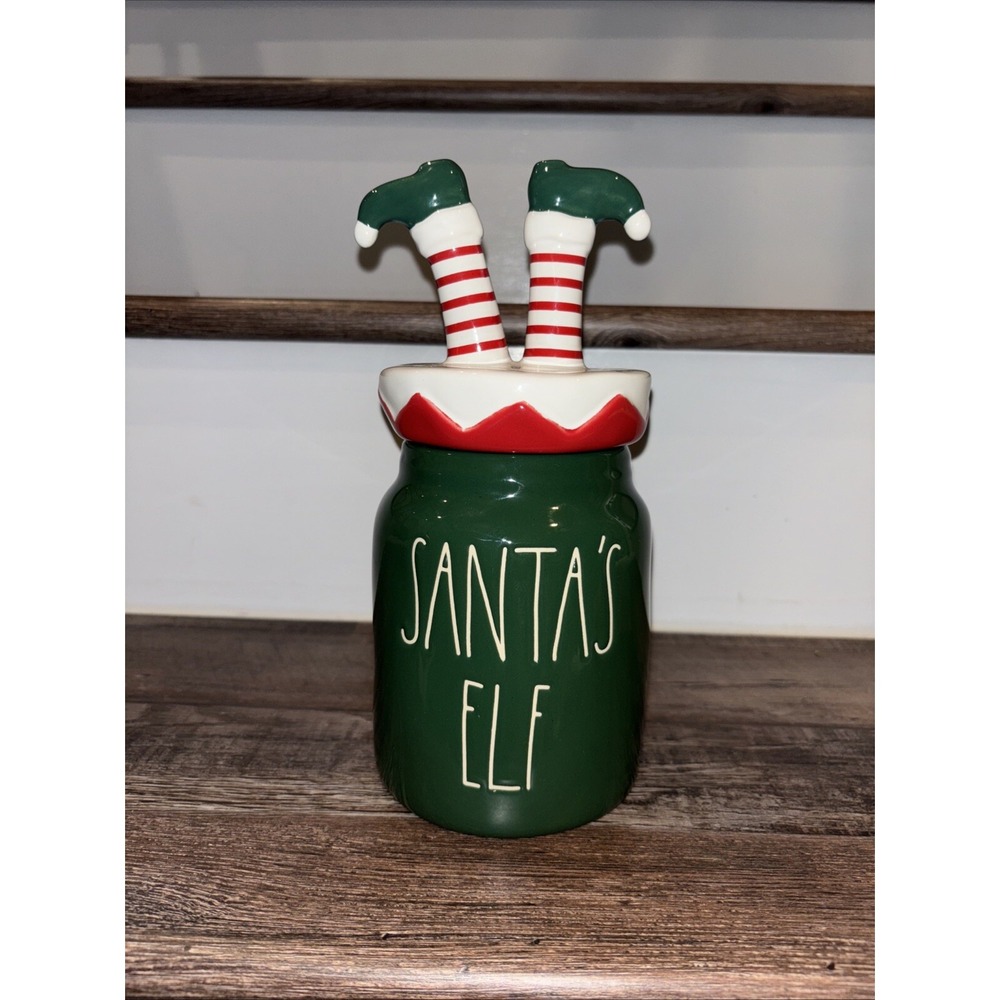 Rae Dunn Christmas Santa's Elf Green Canister With Elf Legs Topper Candy Jar
